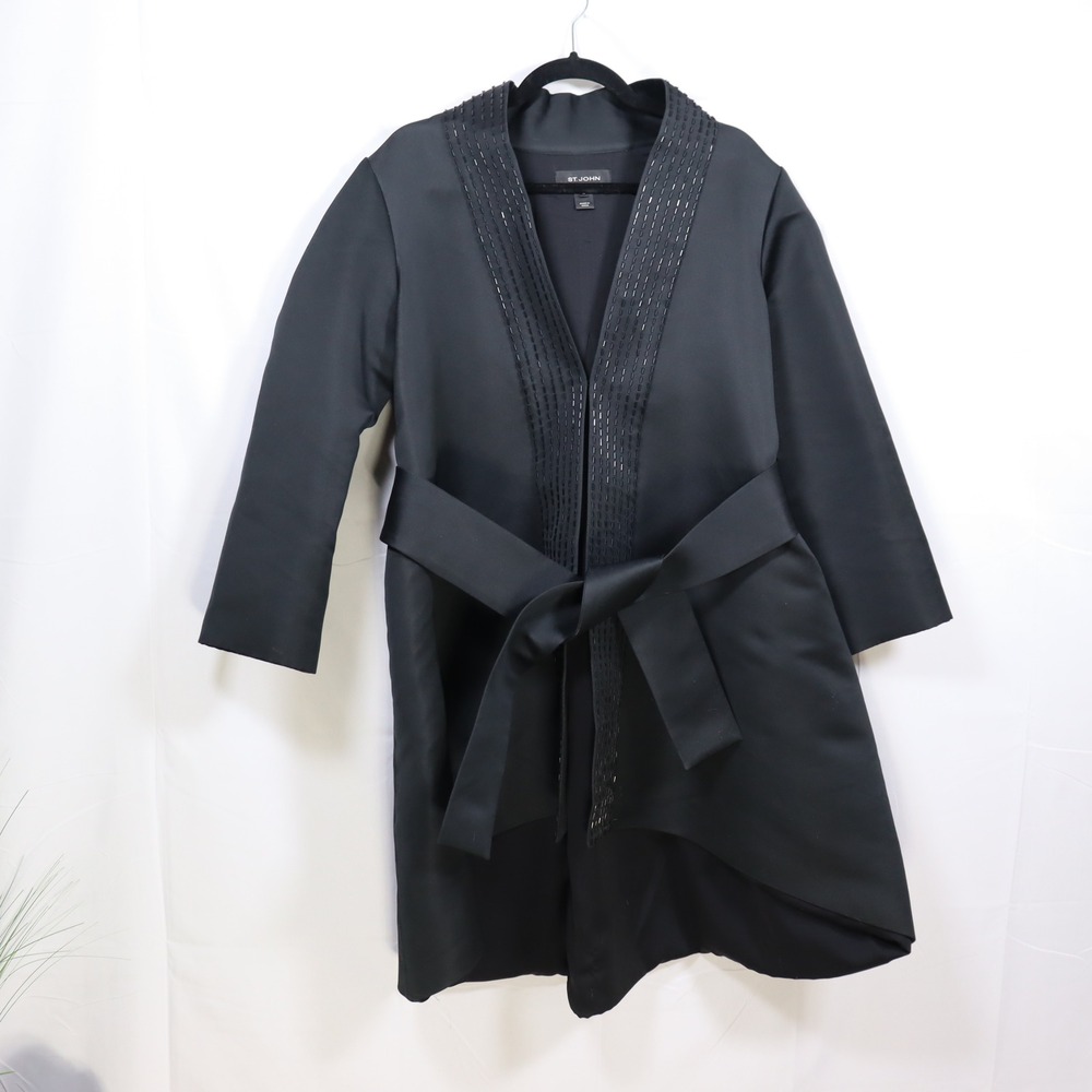 St. John Beaded Silk Blend Kimono Coat 14 Black Womens Luxury Evening Outerwear